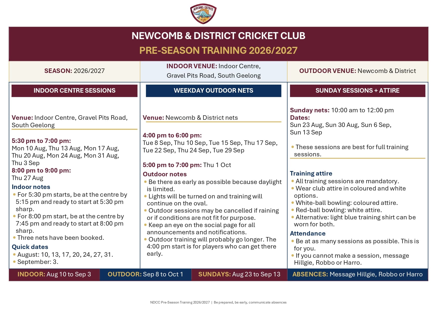 2026/27 Training Schedule