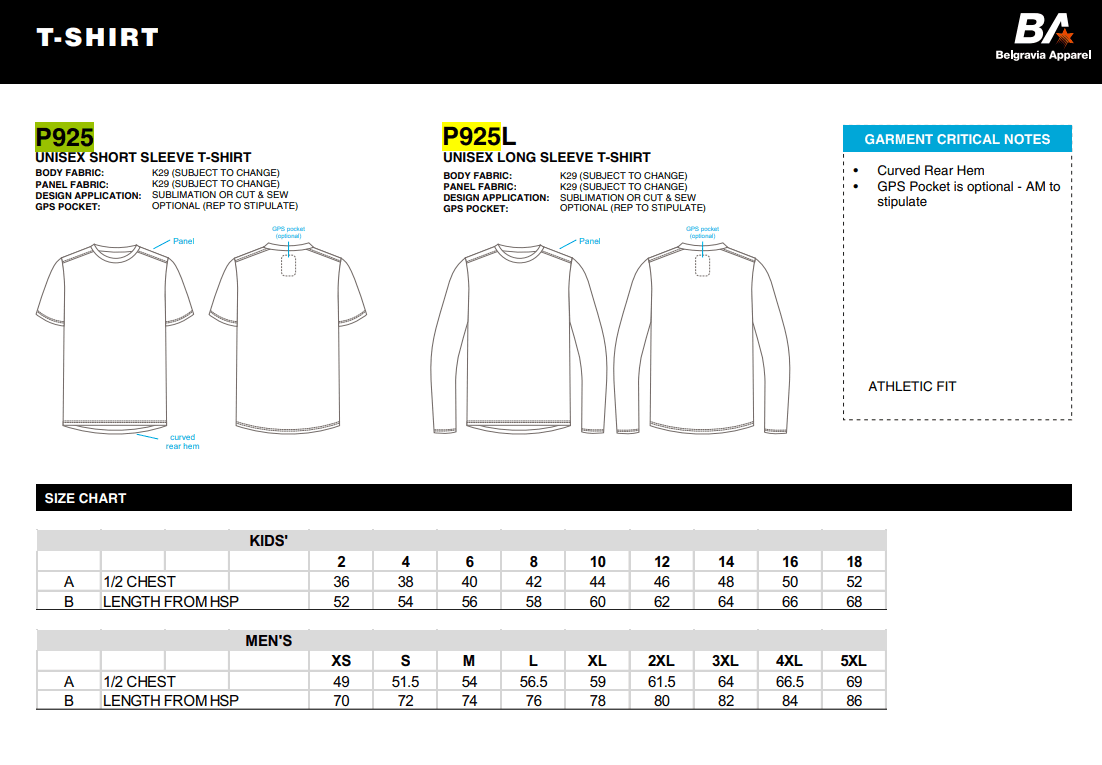 P925 Unisex Tee supplier specification and size chart