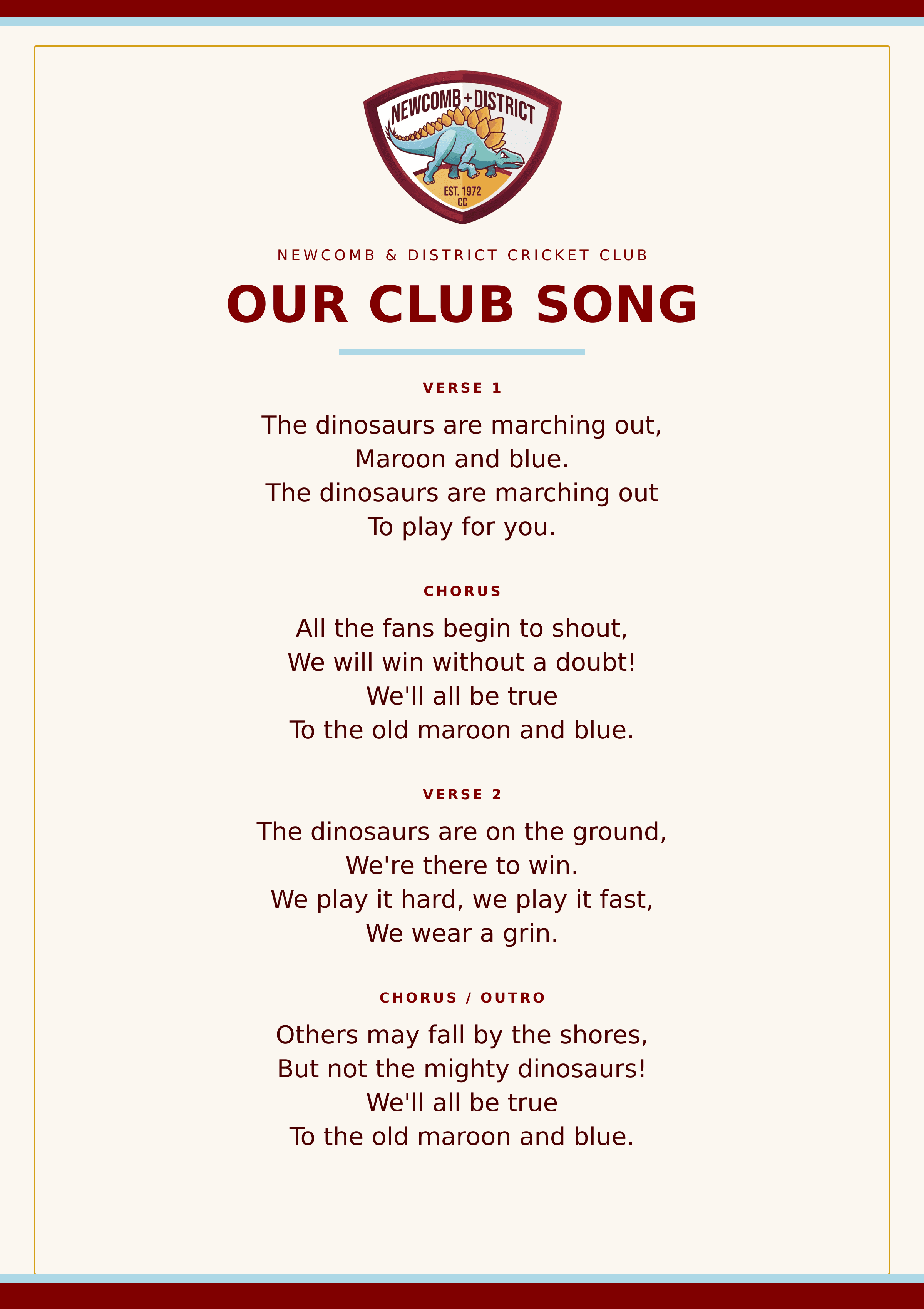NDCC club song poster in maroon and blue with the club crest. Full lyrics are provided alongside.