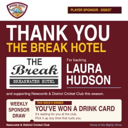 Player sponsor 2026/27 thank-you card: Thank you The Breakwater Hotel (The Break) for backing Laura Hudson. Weekly sponsor draw: you've won a drink card, waiting at the club.