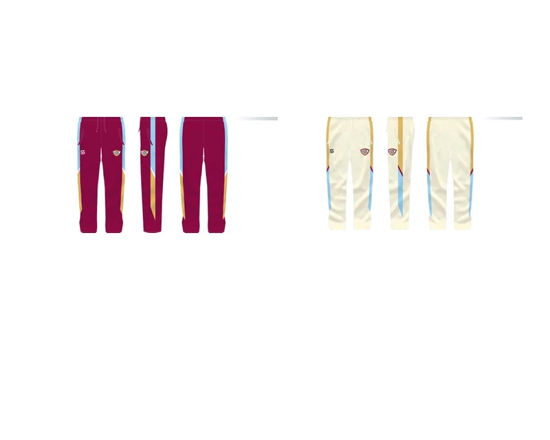 Multiple views of the NDCC playing pants in maroon and crème.
