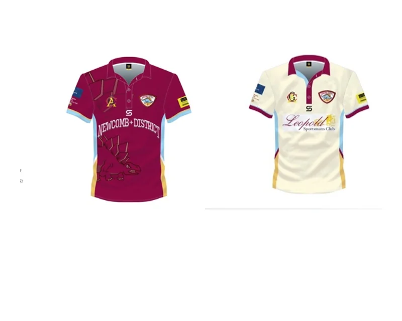 Front views of the NDCC playing shirt in maroon and crème.