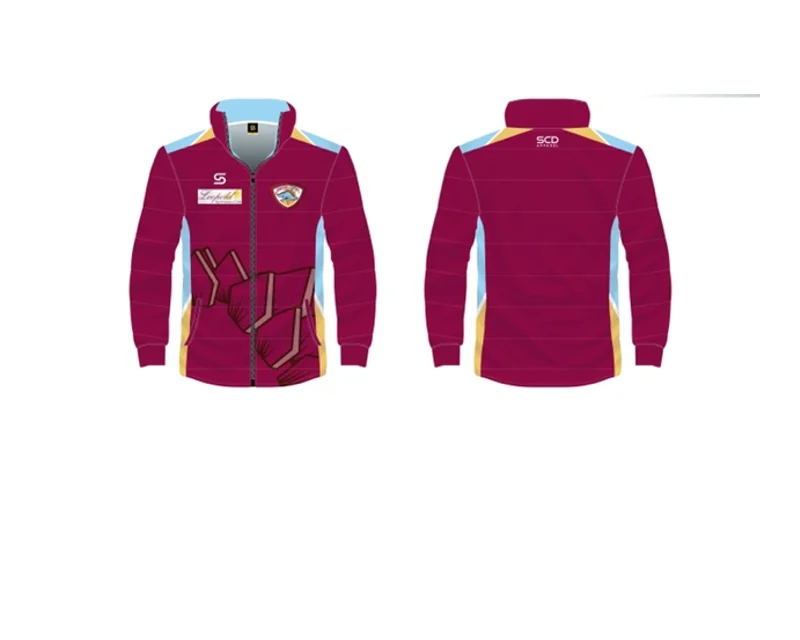 Front and back views of the NDCC maroon puffer jacket.