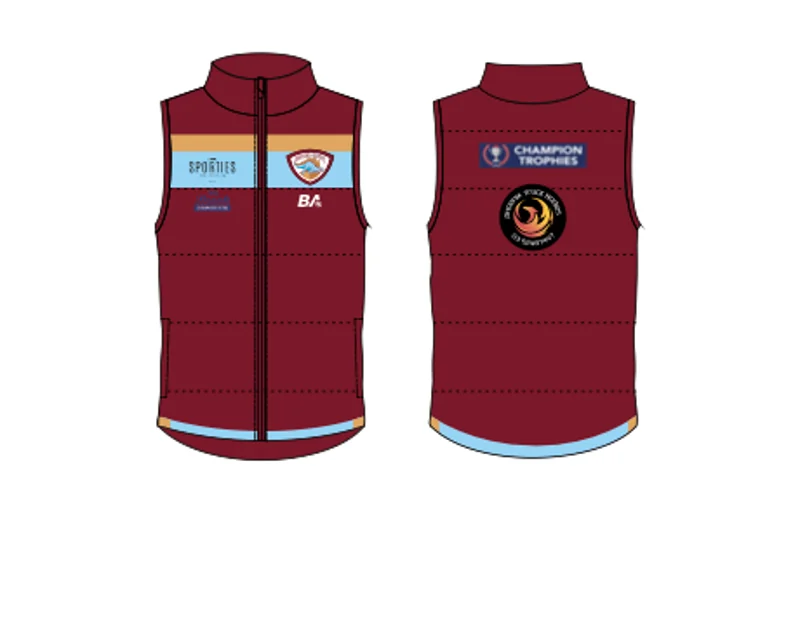 Front and back views of the NDCC maroon puffer vest.