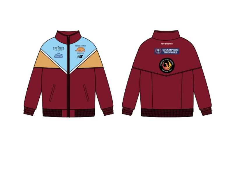 Front and back views of the NDCC maroon and crème retro jacket.