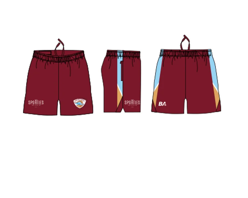 Multiple views of the NDCC maroon training shorts.