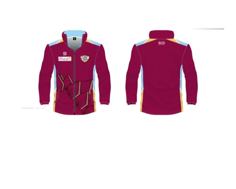 Front and back views of the NDCC maroon soft shell jacket.