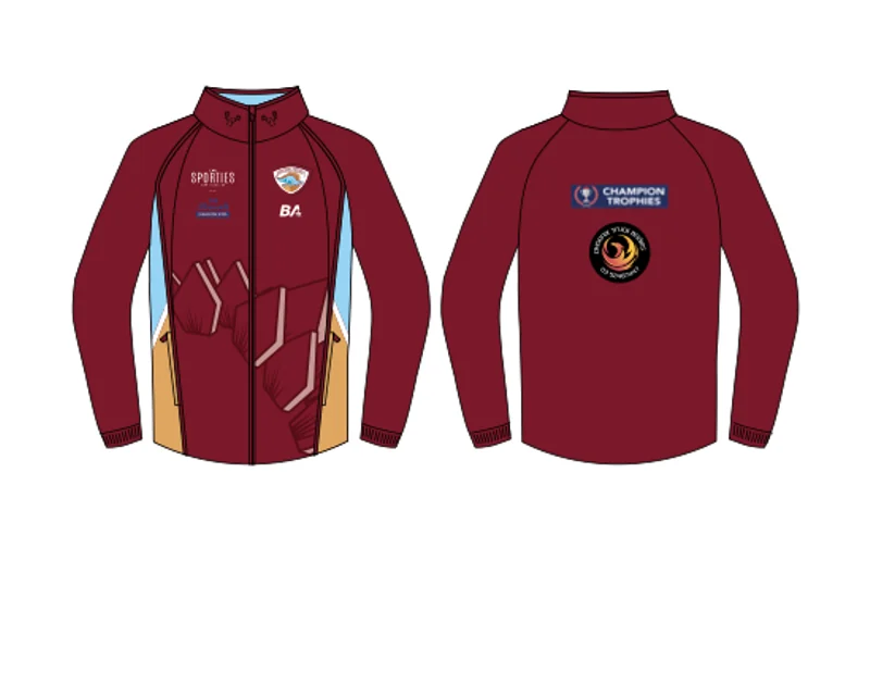 Front and back views of the lined NDCC maroon spray jacket.