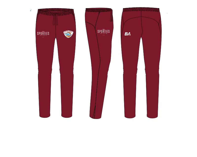 Multiple views of the NDCC maroon track pants.