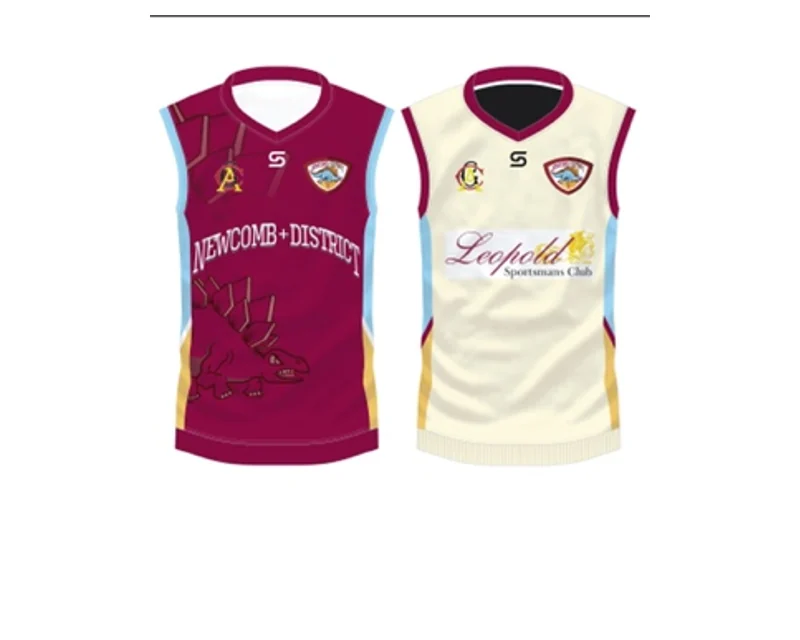 Front views of the NDCC playing vest in maroon and crème.