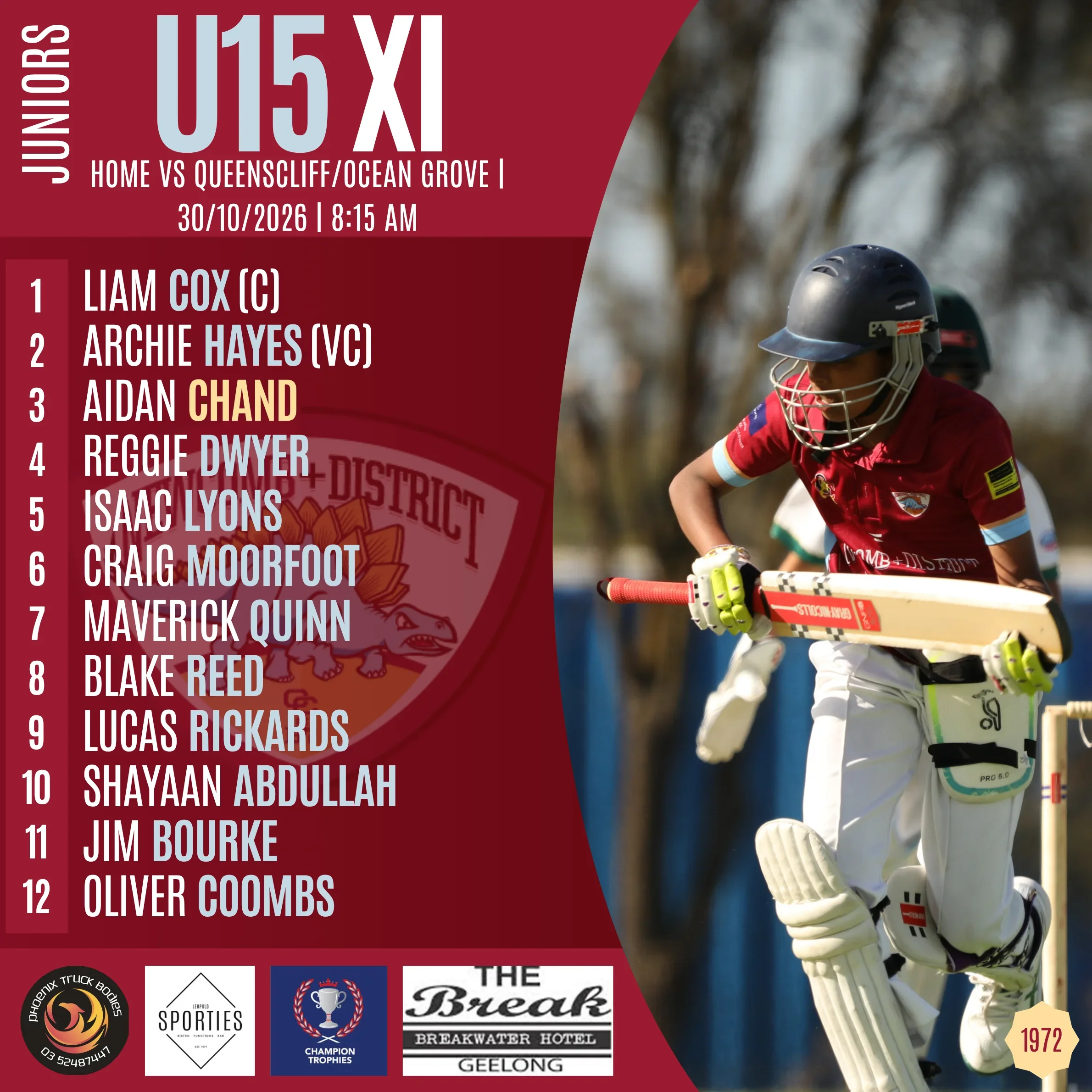 Junior Boys - Under 15s, Round 1 team sheet