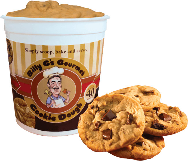 Billy G's Gourmet Cookie Dough tub with baked cookies
